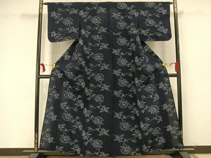 平和屋着物▽久留米絣　単衣　草花文　綿　逸品　AAAU8521fy