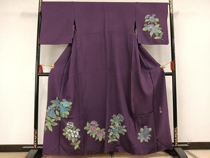 平和屋着物▽訪問着　単衣　作家物　雅峰　手描き　紫陽花　正絹　逸品　AAAU8522fy