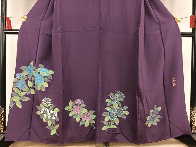 平和屋着物▽訪問着　単衣　作家物　雅峰　手描き　紫陽花　正絹　逸品　AAAU8522fy