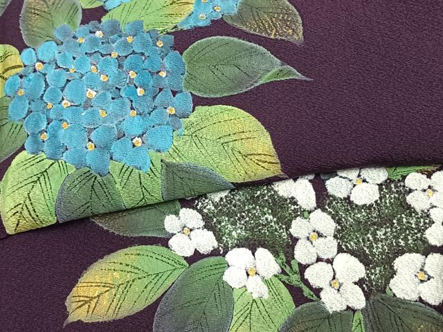 平和屋着物▽訪問着　単衣　作家物　雅峰　手描き　紫陽花　正絹　逸品　AAAU8522fy