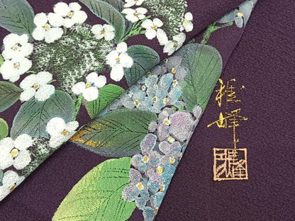 平和屋着物▽訪問着　単衣　作家物　雅峰　手描き　紫陽花　正絹　逸品　AAAU8522fy