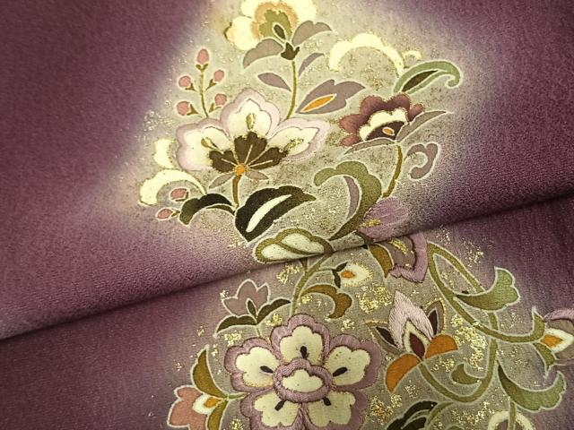 平和屋着物▽訪問着 単衣 刺繍 草花文 暈し染め 金糸 金彩 正絹 逸品 AAAU8531fy
