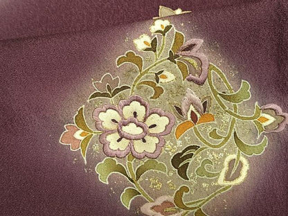 平和屋着物▽訪問着 単衣 刺繍 草花文 暈し染め 金糸 金彩 正絹 逸品 AAAU8531fy