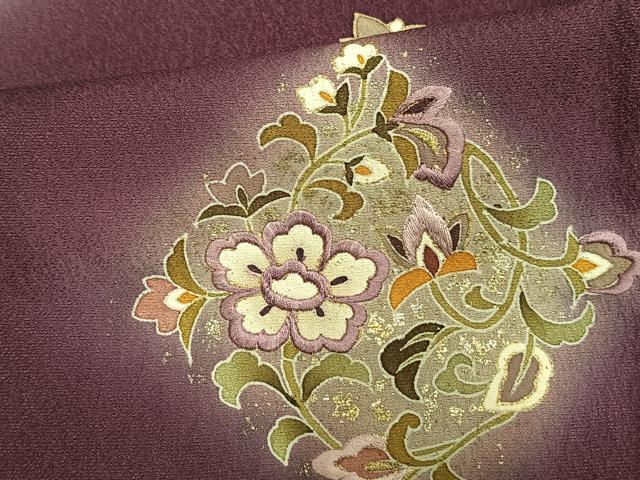 平和屋着物▽訪問着 単衣 刺繍 草花文 暈し染め 金糸 金彩 正絹 逸品 AAAU8531fy