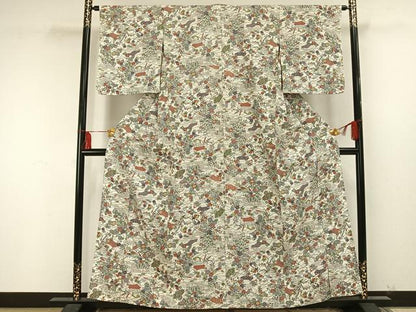 平和屋着物▽上質な小紋 単衣 型染め 草花文 正絹 逸品 AAAU8537fy