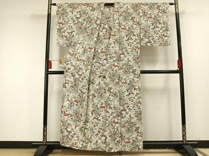 平和屋着物▽上質な小紋 単衣 型染め 草花文 正絹 逸品 AAAU8537fy