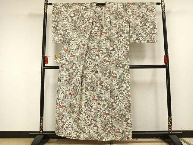 平和屋着物▽上質な小紋 単衣 型染め 草花文 正絹 逸品 AAAU8537fy