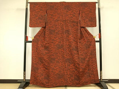 平和屋着物▽上質な小紋　単衣　型染め　草花文　鬼しぼ縮緬　正絹　逸品　AAAU8543fy