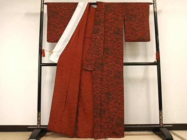 平和屋着物▽上質な小紋　単衣　型染め　草花文　鬼しぼ縮緬　正絹　逸品　AAAU8543fy