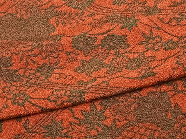 平和屋着物▽上質な小紋　単衣　型染め　草花文　鬼しぼ縮緬　正絹　逸品　AAAU8543fy
