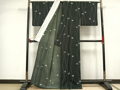 平和屋着物▽小紋 単衣 立涌舞蝶文 黒地 洗える着物 AAAU8555fy