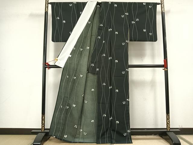 平和屋着物▽小紋 単衣 立涌舞蝶文 黒地 洗える着物 AAAU8555fy