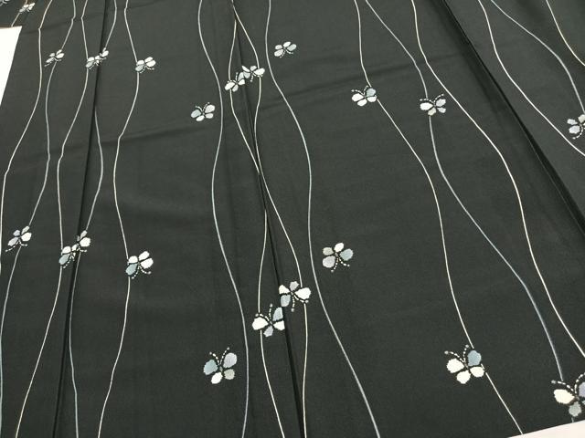 平和屋着物▽小紋 単衣 立涌舞蝶文 黒地 洗える着物 AAAU8555fy