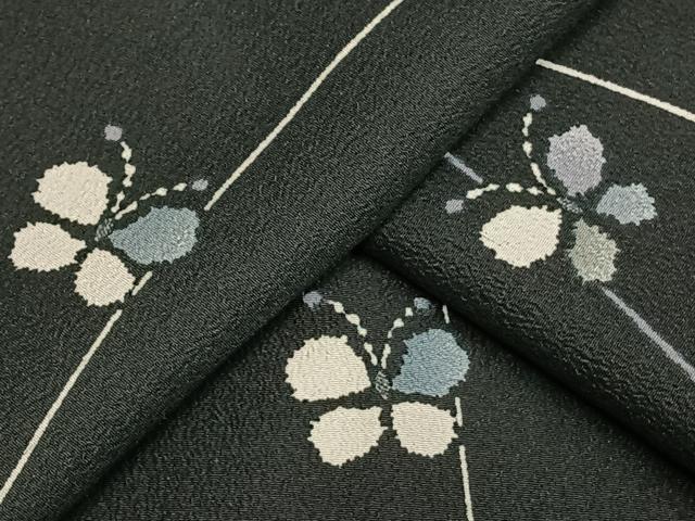 平和屋着物▽小紋 単衣 立涌舞蝶文 黒地 洗える着物 AAAU8555fy