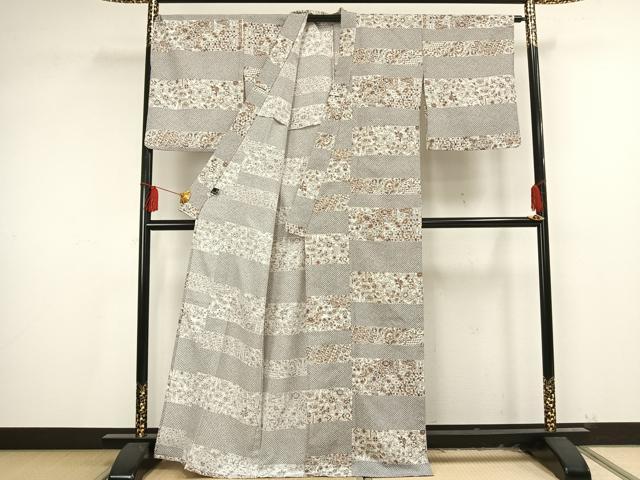 平和屋着物▽森英恵・HANAE MORI　小紋　単衣　横段草花文　やまと誂製　洗える着物　AAAU8557fy