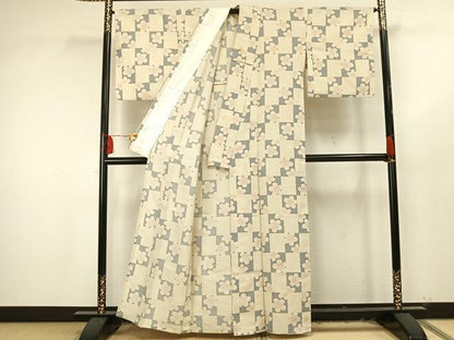 平和屋着物▽小紋 単衣 市松舞桜文 洗える着物 AAAU8558fy