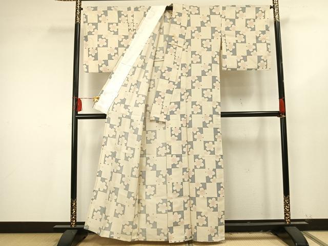平和屋着物▽小紋 単衣 市松舞桜文 洗える着物 AAAU8558fy