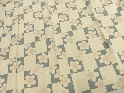 平和屋着物▽小紋 単衣 市松舞桜文 洗える着物 AAAU8558fy