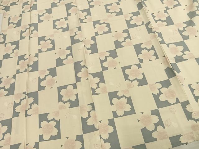 平和屋着物▽小紋 単衣 市松舞桜文 洗える着物 AAAU8558fy