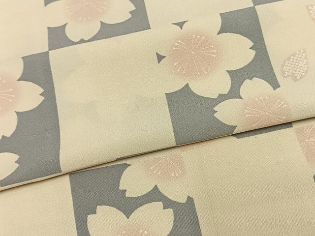平和屋着物▽小紋 単衣 市松舞桜文 洗える着物 AAAU8558fy