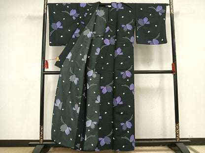 平和屋着物▽小紋 単衣 花蝶文 夜桜 黒地 洗える着物 AAAU8559fy