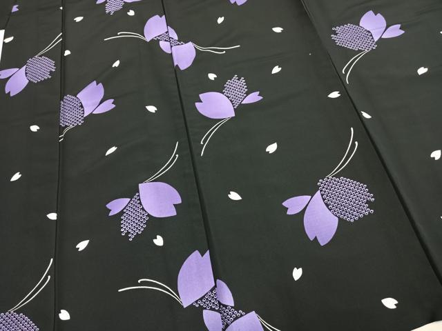 平和屋着物▽小紋 単衣 花蝶文 夜桜 黒地 洗える着物 AAAU8559fy