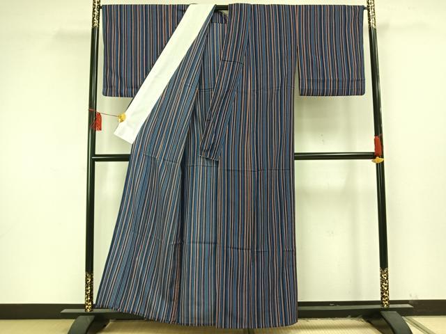 平和屋着物▽小紋　単衣　縞　洗える着物　AAAU8562fy