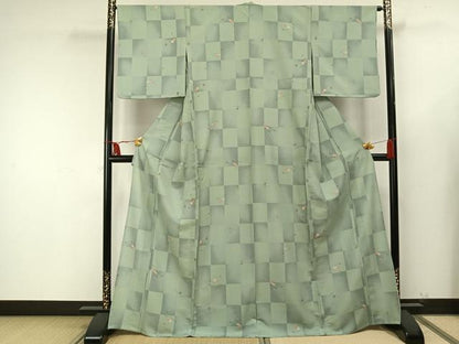平和屋着物▽小紋 単衣 市松花文 洗える着物 AAAU8564fy