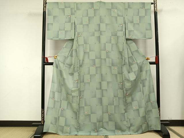 平和屋着物▽小紋 単衣 市松花文 洗える着物 AAAU8564fy