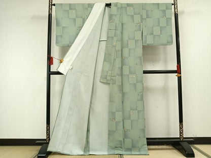 平和屋着物▽小紋 単衣 市松花文 洗える着物 AAAU8564fy