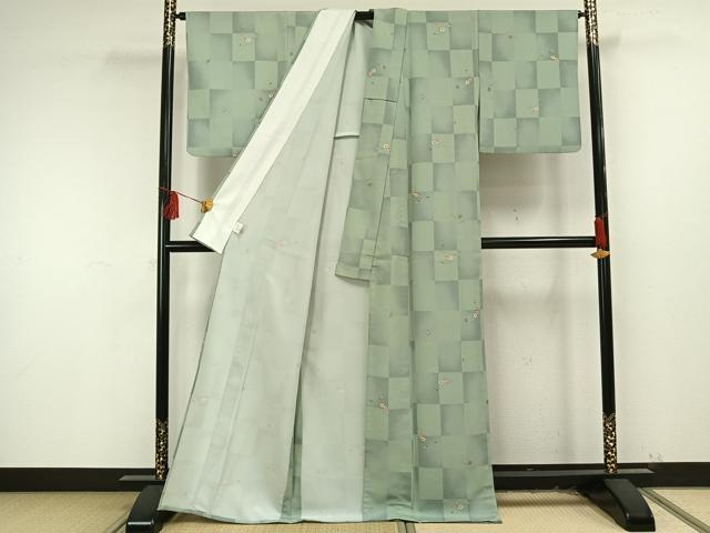 平和屋着物▽小紋 単衣 市松花文 洗える着物 AAAU8564fy