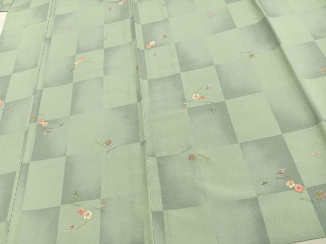 平和屋着物▽小紋 単衣 市松花文 洗える着物 AAAU8564fy