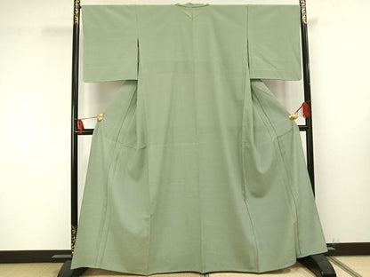 平和屋着物▽お召　単衣　山葵色　正絹　逸品　未使用　AAAU8571fy