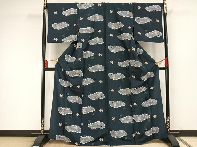 平和屋着物▽小紋 単衣 雲取り花文 洗える着物 AAAU8575fy