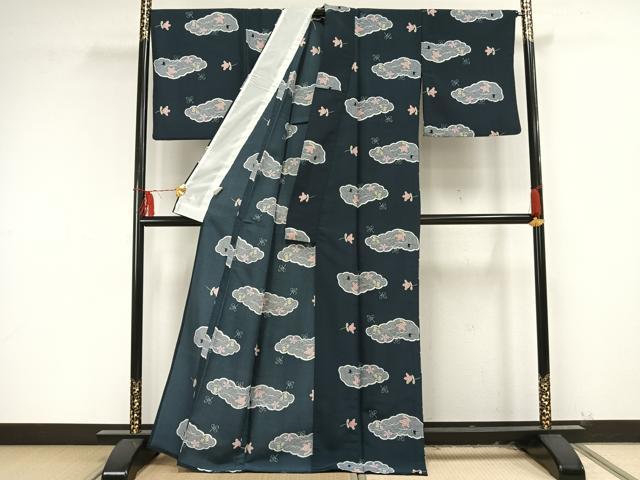 平和屋着物▽小紋 単衣 雲取り花文 洗える着物 AAAU8575fy