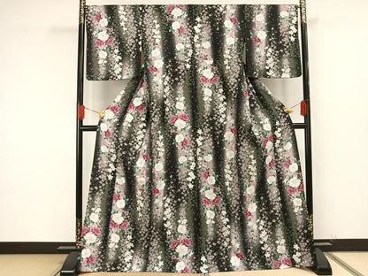 平和屋着物▽小紋 単衣 草花間道 黒地 洗える着物 AAAU8578fy