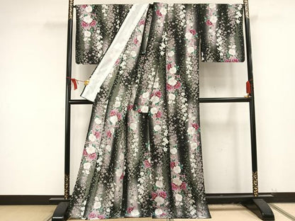 平和屋着物▽小紋 単衣 草花間道 黒地 洗える着物 AAAU8578fy