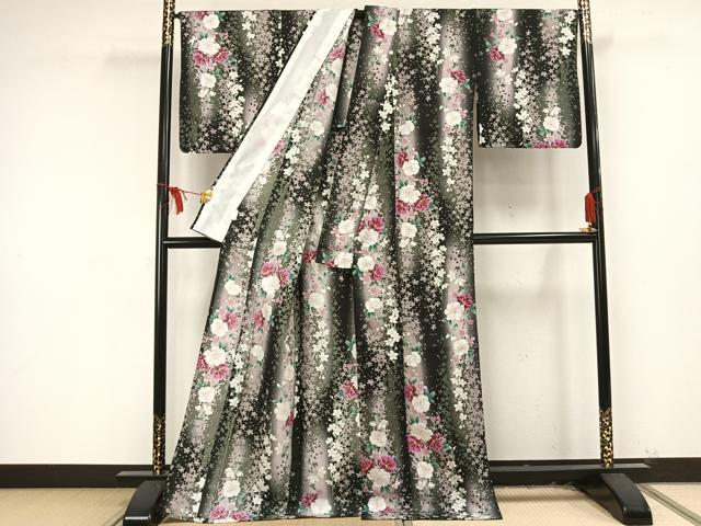 平和屋着物▽小紋 単衣 草花間道 黒地 洗える着物 AAAU8578fy
