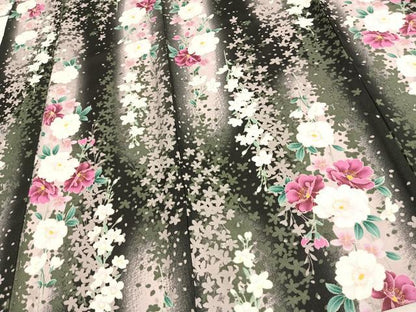 平和屋着物▽小紋 単衣 草花間道 黒地 洗える着物 AAAU8578fy