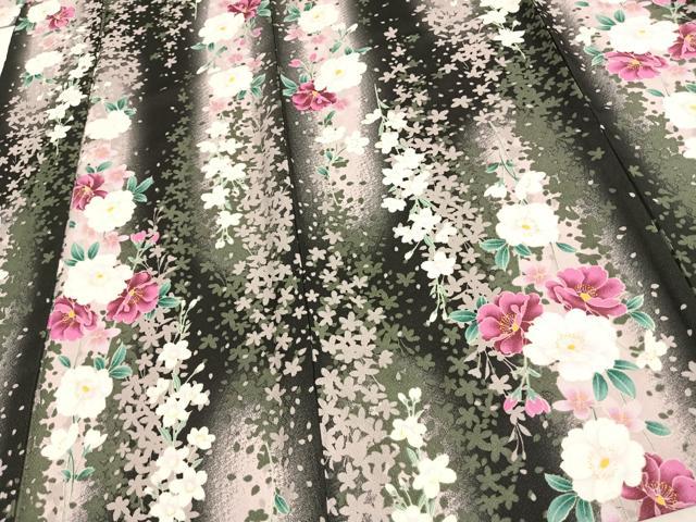 平和屋着物▽小紋 単衣 草花間道 黒地 洗える着物 AAAU8578fy