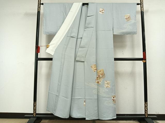 平和屋着物▽訪問着 単衣 駒刺繍 流水色紙草花文 金彩 正絹 逸品 未使用 AAAU8595fy