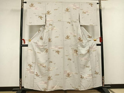 平和屋着物▽上質な小紋 単衣 絞り 風景草花文 正絹 逸品 AAAU8599fy