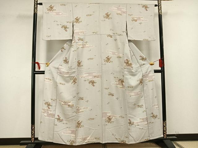 平和屋着物▽上質な小紋 単衣 絞り 風景草花文 正絹 逸品 AAAU8599fy