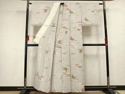 平和屋着物▽上質な小紋 単衣 絞り 風景草花文 正絹 逸品 AAAU8599fy