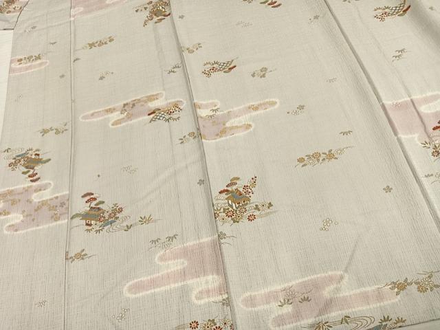 平和屋着物▽上質な小紋 単衣 絞り 風景草花文 正絹 逸品 AAAU8599fy