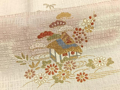 平和屋着物▽上質な小紋 単衣 絞り 風景草花文 正絹 逸品 AAAU8599fy