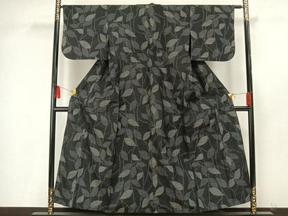 平和屋着物▽上質な紬 単衣 蔦の葉文 黒地 正絹 逸品 AAAU8600fy