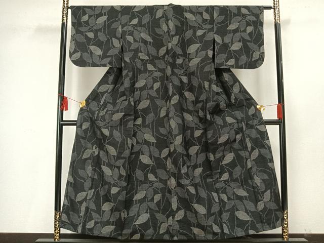 平和屋着物▽上質な紬 単衣 蔦の葉文 黒地 正絹 逸品 AAAU8600fy