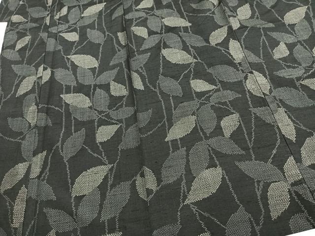 平和屋着物▽上質な紬 単衣 蔦の葉文 黒地 正絹 逸品 AAAU8600fy