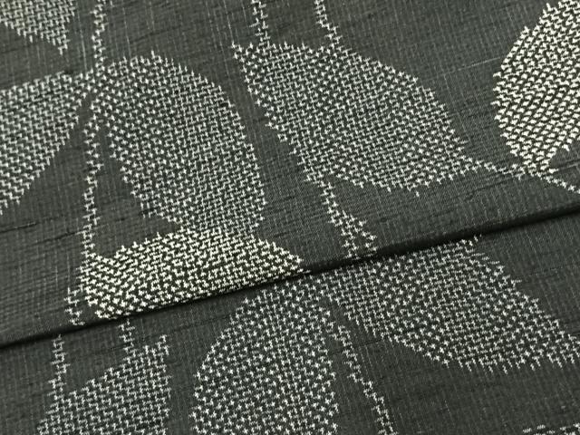 平和屋着物▽上質な紬 単衣 蔦の葉文 黒地 正絹 逸品 AAAU8600fy